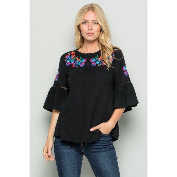 See and Be Seen Tops - See and Be Seen Embroidered Bell Sleeve Top, Black